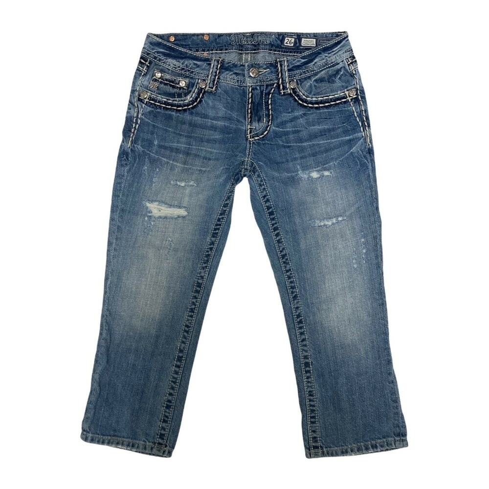 Miss Me Signature Cuffed Capri Jeans Distressed Size 26 JY5014P105 Rhinestones